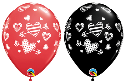 11 Inch Valentine Patterned Hearts and Arrows Latex Balloons 50pk