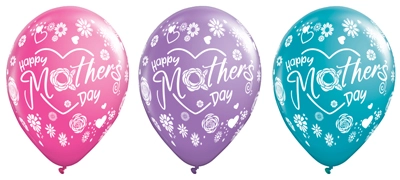 11 Inch Mother's Day Hearts and Flowers Latex Balloon Assortment 50pk