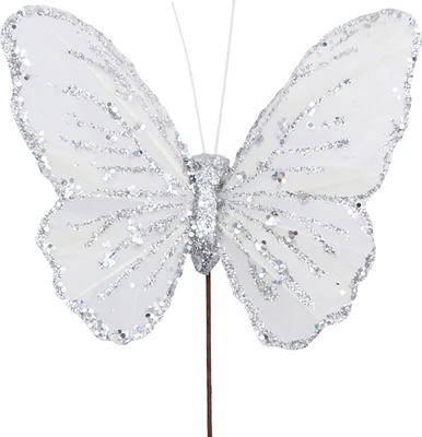 4 Inch White Feather Glitter Butterfly Decorative Pick 12pk