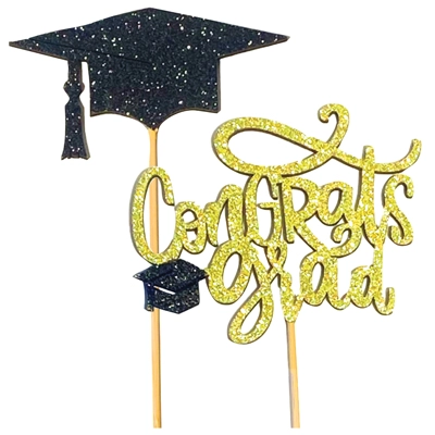 4 In Congrats Grad & Cap Wooden Glitter Floral Picks 12pk