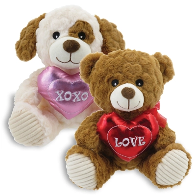 10 Inch Plush Bear and Dog with Heart 2pk