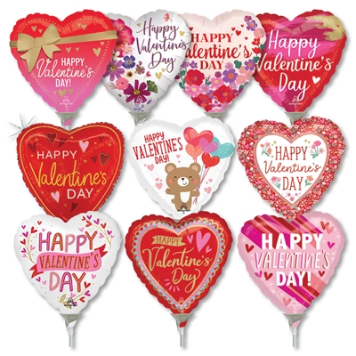 9 Inch Valentine Pre-Inflated Mini Stick Balloons ProfitPak 30pk