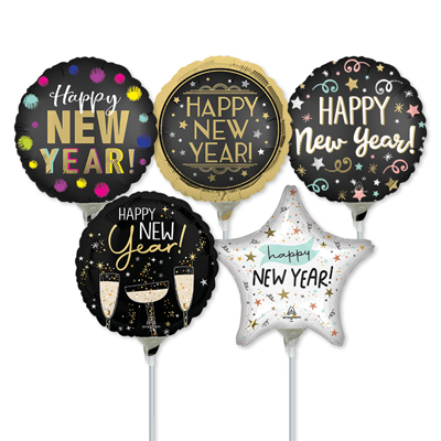 9 Inch New Year Pre-Inflated Mini Stick Balloons ProfitPak 30pk ...