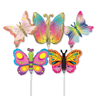 14 Inch Butterfly Assortment Pre-Inflated Minishape Stick Balloons ProfitPak 16pk