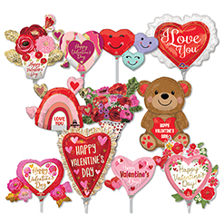 14 Inch Valentine & Love Pre-Inflated Minishape Stick Balloons ProfitPak 16pk