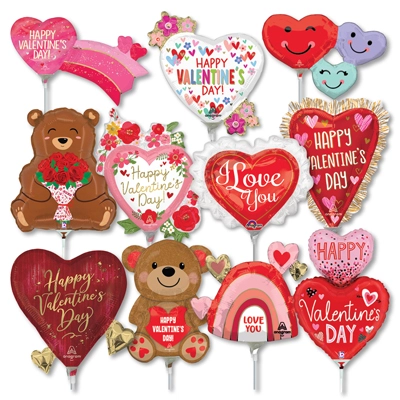 14 Inch Valentine & Love Pre-Inflated Minishape Stick Balloons ProfitPak 16pk