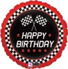 A black flag with a checkered border and two checkered flags in the middle above the words happy birthday