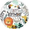 A balloon with wild animals on it with happy birthday displayed in the middle