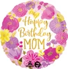 A balloon with pink and purple painted flowers with the message happy birthday mom on it