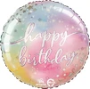 A pastel rainbow balloon that has happy birthday with stars around it both in the color silver