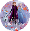 A balloon with Elsa, Anna, and Olaf on it with the message happy birthday below them
