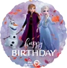 A balloon with Elsa, Anna, and Olaf on it with the message happy birthday below them