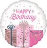 A white balloon that has three pink gifts on it with the words happy birthday hovering over