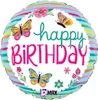 a white balloon with stripes as the border and butterflies and flowers with the message happy birthday in the center