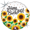 A balloon that has sunflowers along thebottom and has happy birthday written on it