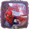 A balloon that has spider man in action and the words happy birthday with a purple border around the whole balloon