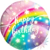 This balloon has a pink sparkly background with a rainbow going across it and the words Happy Birthday displayed in the center