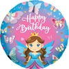 This balloon has a butterfly princess with lots of butterflies around her and the words Happy Birthday above her