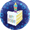 This balloon ahs a blue bubbly background with a cake slice on top and the slice says Happy Birthday