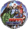 A balloon that has Iron man, Thor, Captain America, and The Hulk on it and below them it says happy birthday