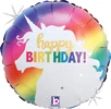 A rainbow balloon that has a unicorn on it and it says happy birthday