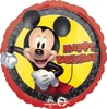 A yellow balloon that has a black and red border and has mickey mouse in the middle saying happy birthday