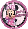 A pink balloon that has a pink and black border and has minnie mouse saying happy birthday