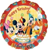 A balloon that has Mickey mouse characters and the words happy birthday over it