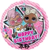 A pink balloon with two LOL surprise dolls on it and it says happy birthday