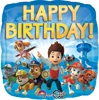 A blue balloon that has Paw Patrol characters along the bottom and happy birthday along the top