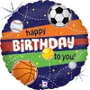 A balloon that has 5 different sports balls and says happy birthday to you on three stripes in the colors orange, red, and green