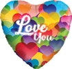 This balloon has a heart shape with different colored hearts on hearts as the background and the words Love You in the center