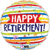 This balloon has a rainbow of colored stripes with the bold message Happy Retirement on the front