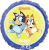 A balloon with bluey and bingo on it with a yellow background and a blue border