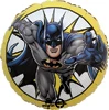 A balloon that has batman on it and has a yellow border