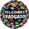 This balloon has the words Falicidades Grauado in the middle surrounded by grad caps