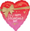 This balloon is heart shaped and has a red to pink gradient with a gold bow strapped across the top with gold hearts surrounding a happy Valentines day message