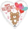 This balloon has a heart shape and on it a bear is holding 5 heart shaped latex balloons and it says Happy Valentines Day.