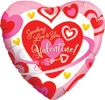 This balloon has a heart shape with hearts in colors of pink and a goldish yellow and the words sending love to you Valentine with a heart rocket ship on it