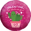 This balloon has a apink background and two cacti in a pot with the words Valentine I'm stuck on you!