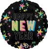 This balloon has a black background with retro stars and lettering that spells out Happy New Year.