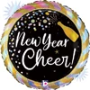 This balloon has a black background with a opal colored striped border with the words New Years Cheer in the center and a bottle shooting glitter next to it