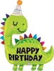 A dino shaped balloon with a party hat on and it says happy birthday on the body