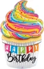 A rainbow cupcake shaped balloon that says happy birthday on it