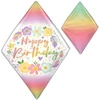 A rhombus shaped rainbow balloon with a white spot on one side with the words happy birthday with flowers around it