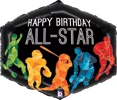 A black balloon with the words happy birthday all star on it and it has 5 different sports labled on it