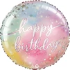 A birthday balloon that has a pastel rainbow as the background