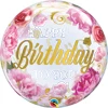 A balloon that has a pinkpeonies background and says happy birthday to you on it