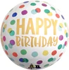 A white balloon with colorful dots and says happy birthday in gold lettering