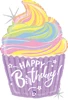 A balloon that has a cupcake shape and is pastel colors with the words happy birthday on it